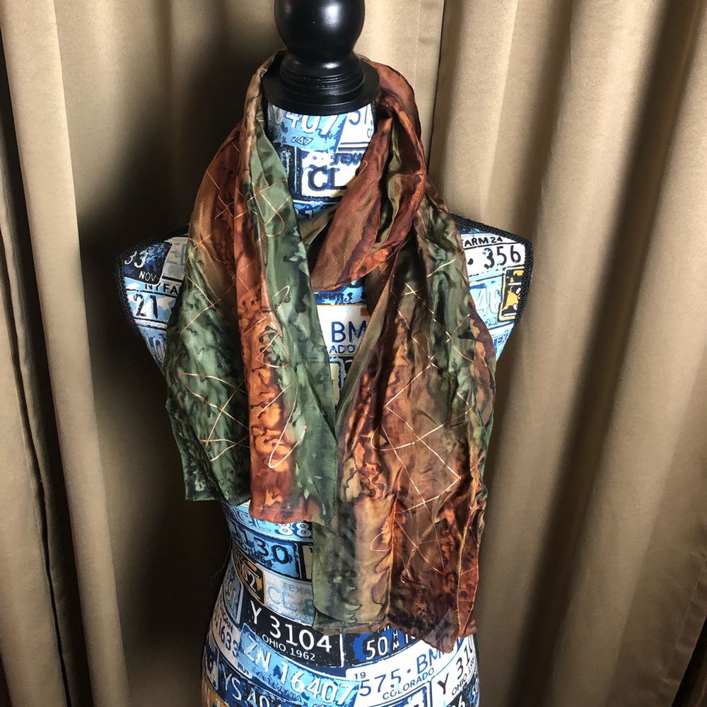 Silk-Tone Olive & Copper Printed Scarf